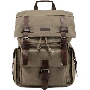 Men’s Leather Canvas Backpack Large Bag Green